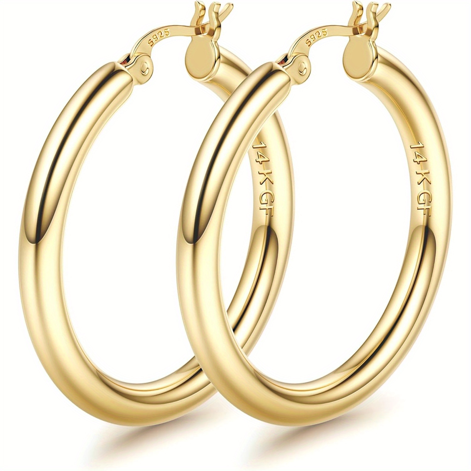 Image of 14k Golden Plated Hoop Earrings For Women With 925 Silver Post Hollow Tube Hoops Earrings 4mm Thick Golden Hoop Earrings Hypoallergenic Lightweight Golden Large Hoop Earrings 25/ 30/ 40/ 50/ 60/ 70mm