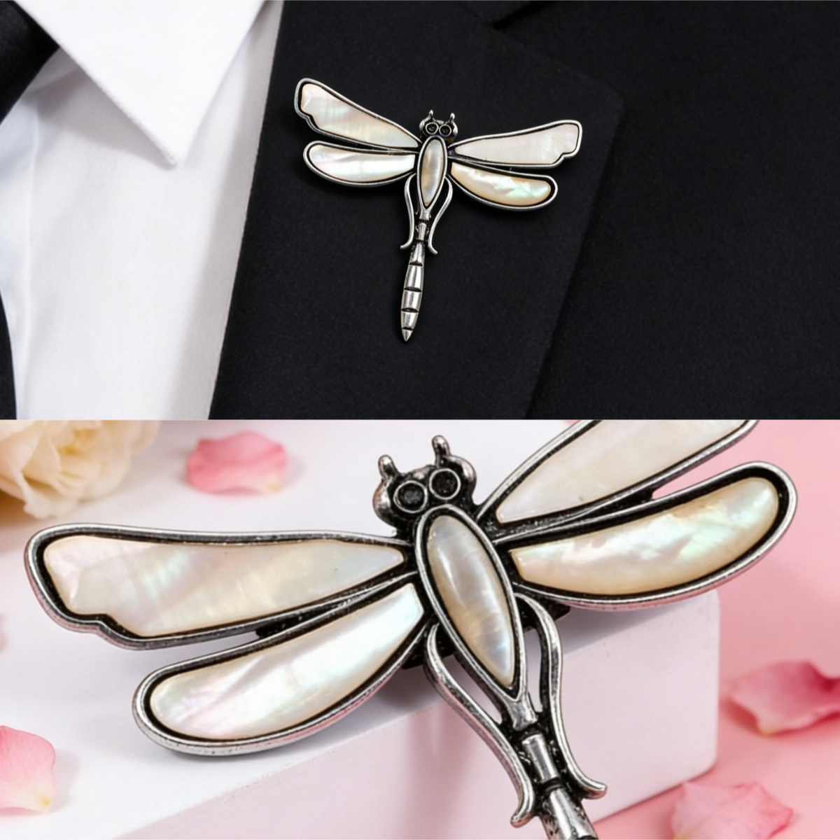 TEMU Vintage Distressed Silvery-tone Dragonfly Enamel Brooch Unisex Forest Insect Style Women Men's Fashion Jewelry For Daily Anti-exposure Banquet
