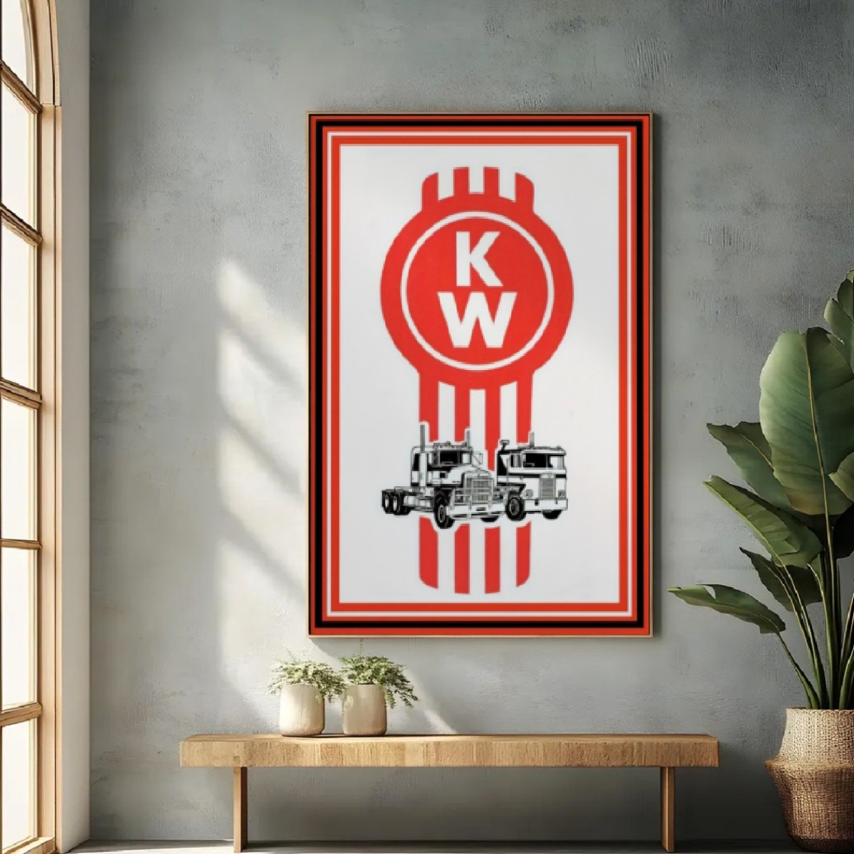 TEMU 2d Flat, 1pc Canvas Art, Red And White Kw With 2 Semi-trucks, Suitable For Various Places Room And Kitchen, Various Festivals