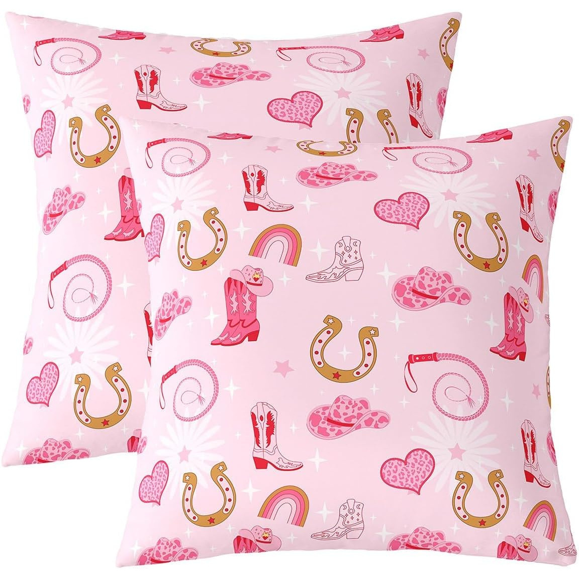 

2pcs Pillow Covers 18*18 Inch Pink Cowgirl Farm Pillow Covers, Western Adventure Cow Print Hat Heart Flip Pillow Covers, Watercolor Flowers Cover Set