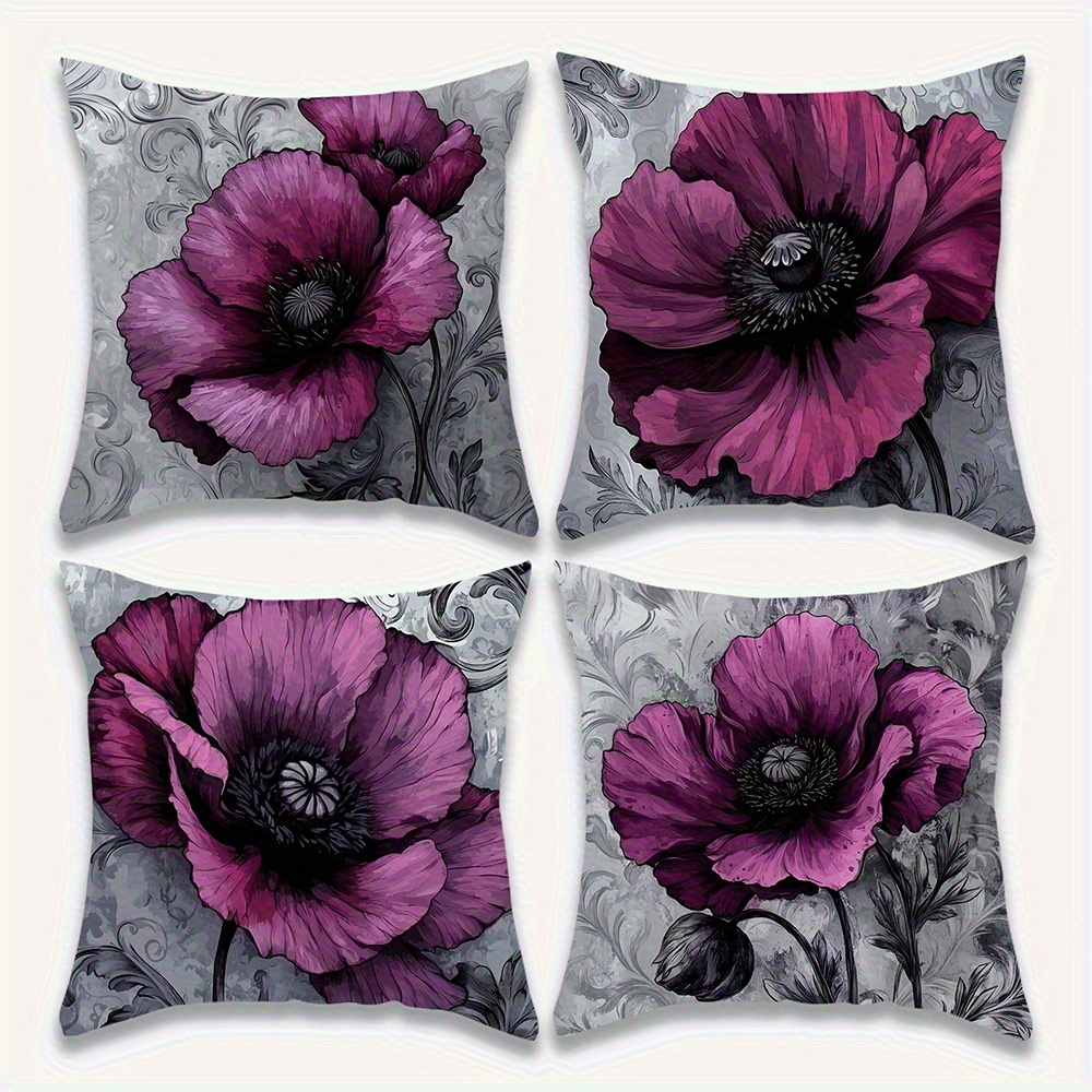 TEMU 4pcs, Elegant Gray And Flower Pillowcases, Vintage Cushion Covers, Zip Closure Cushion Covers, Gifts For Family, , , Soft And Comfortable,