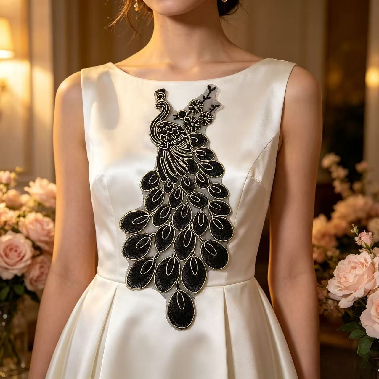 Black Golden Peacock Embroidery Lace Patch for Clothing