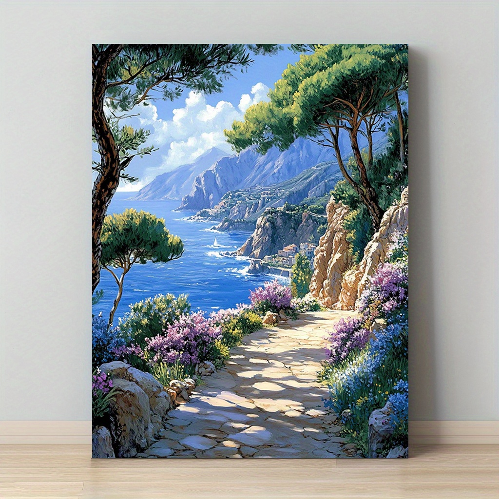 TEMU 2D Flat, 2D Flat, 1 pz 2D (Non 3D), che raffigura un su tela con cornice in legno, che rappresenta un bellissimo e tranquillo da fiori colorati,