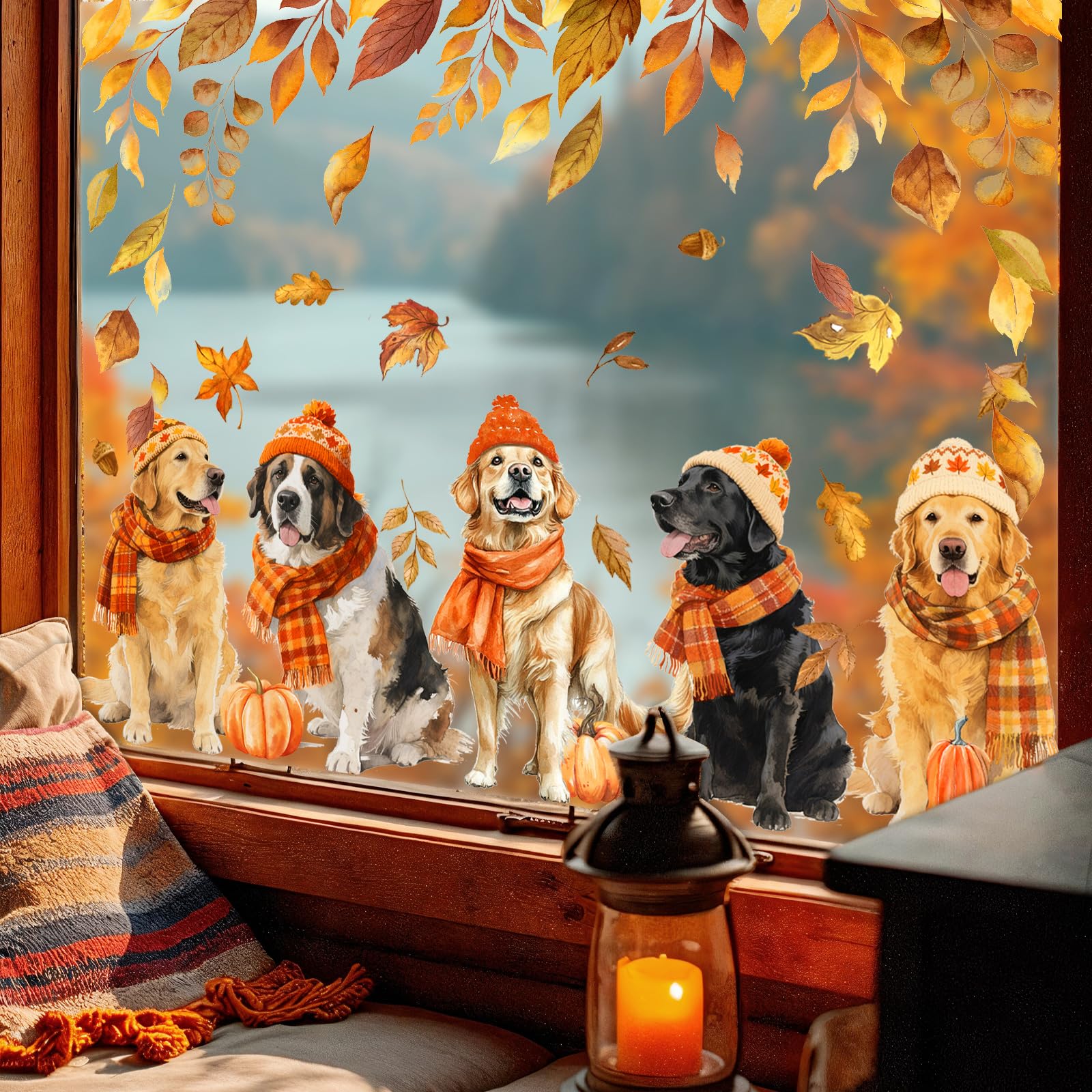 TEMU Large 30*85cm*2 Sheet Fall Dog Window Clings Autumn Dog Pumpkin Maple Leaf Removable Window Decals For Harvest Thanksgiving Party Kids Children