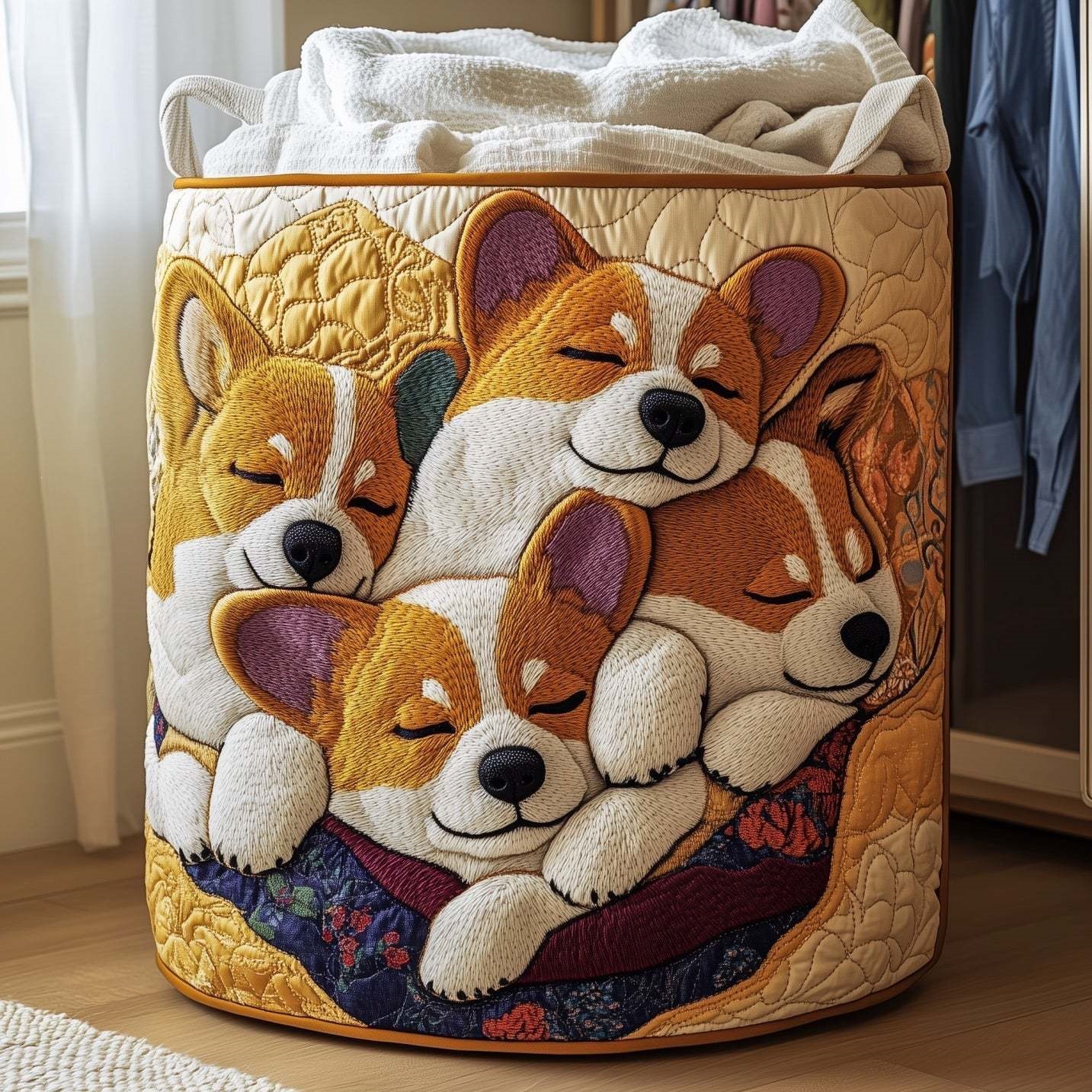Image of Quilted Storage Basket With Corgi Print Large Capacity With Handles Foldable Fabric Hamper For Clothes Toys And Pet Supplies Home Organizer, Laundry Baskets