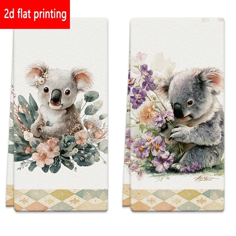 TEMU 2d Flat Printing, 2pcs, Koala Printed Dish Towels, Polyester Material, Featuring Cute Koala And Floral Patterns, Rectangular Kitchen Towels,
