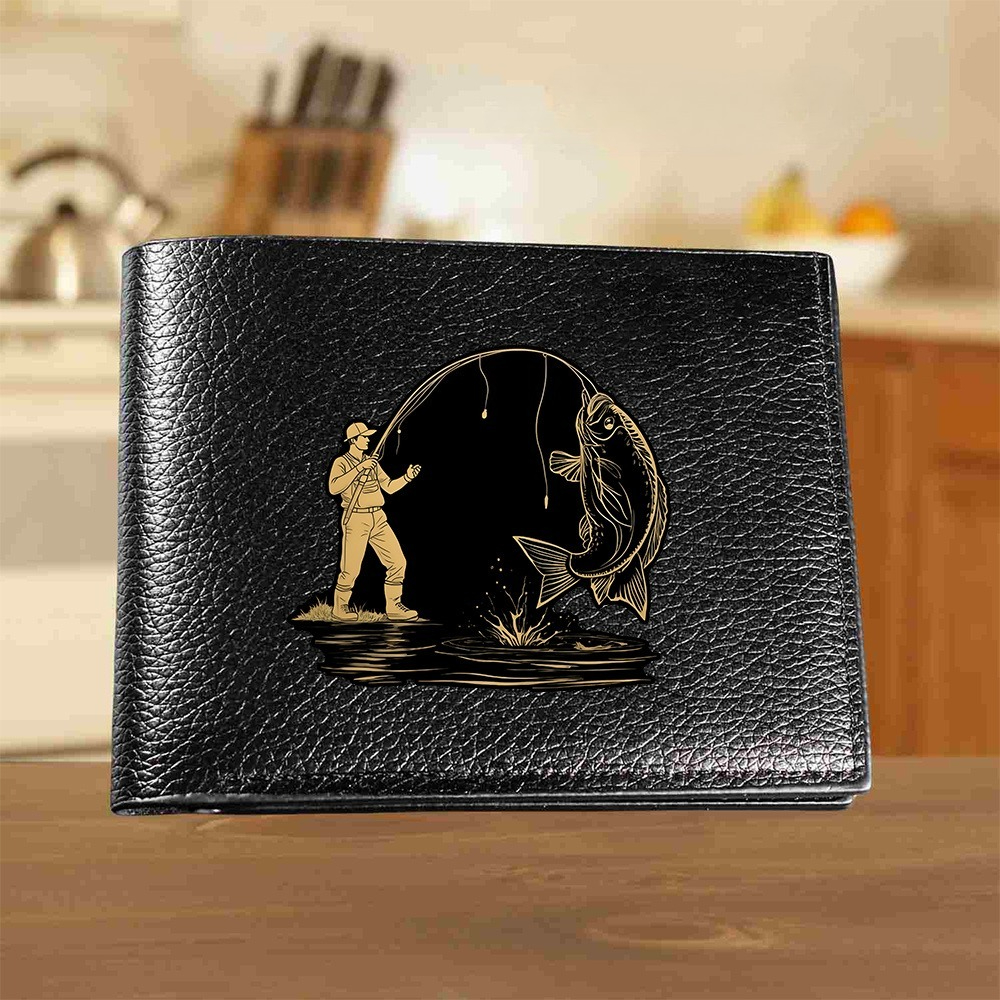 TEMU 1pc Men's Fishing Wallet - Angler Design With Fisherman And Fish, Compact Bifold Coin Purse And Card Holder, Minimalist Durable Vegan, Gift For