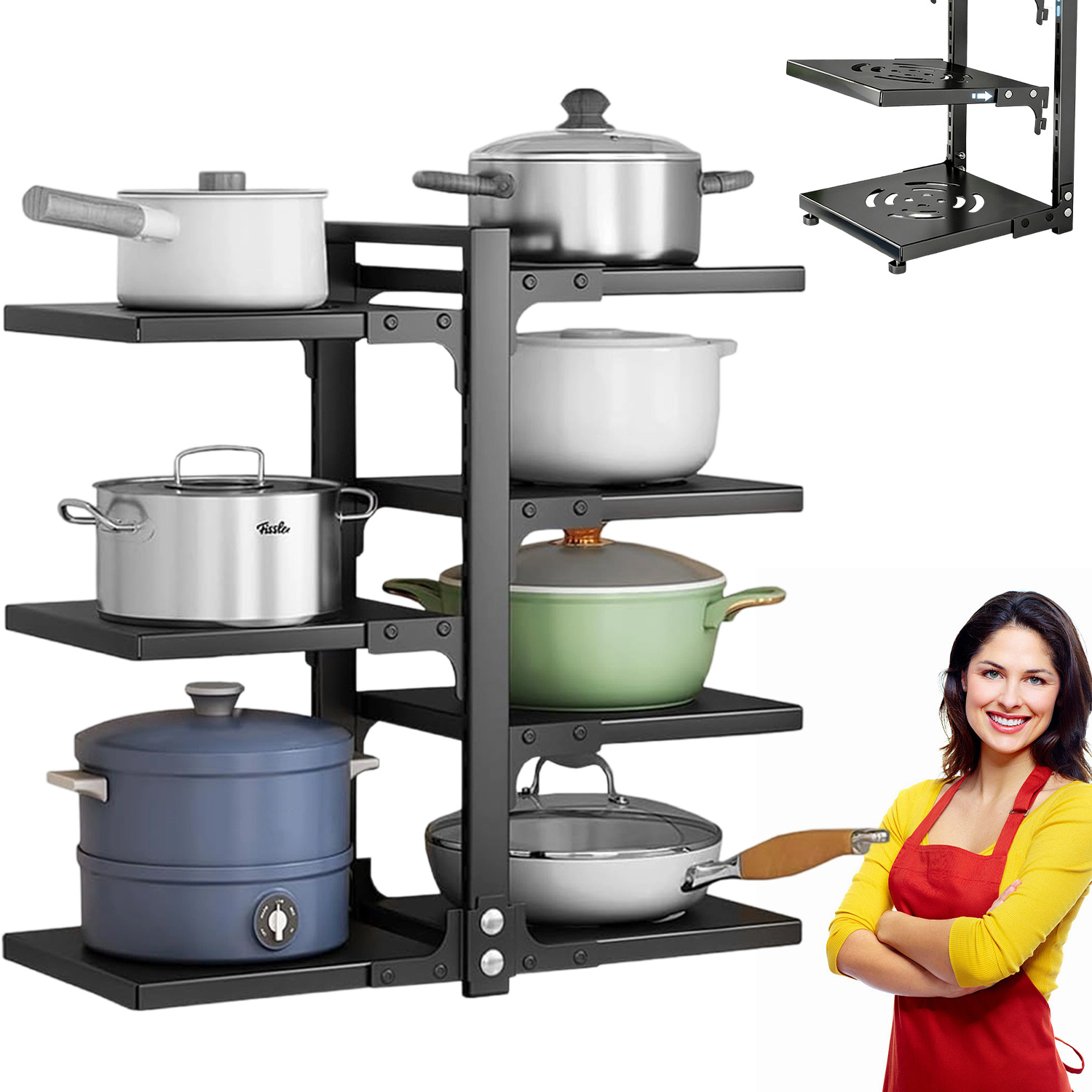 7 Tier Adjustable Heavy Duty Kitchen Cabinet Pot Organizer Multipurpose Pot Pan Organizer, Kitchen Storage Rack, Bowl Rack, Pot Rack