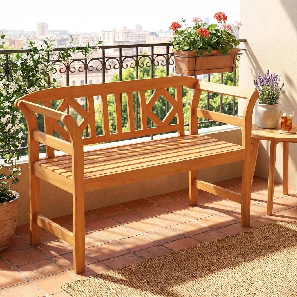 Outdoor Acacia Wood Bench, 2 Persons Solid Wood Loveseat with Curved Armrests & Slatted Seat, Garden Patio Park Bench, 800 Lbs Weight Capacity