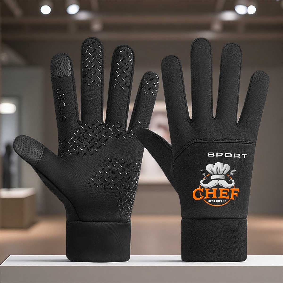 TEMU 1pair Chef Restaurant Themed Winter Gloves With Chef Hat Mustache Fork Knife Printpolyester Materialtouchscreen Compatibleanti-slip Palm For