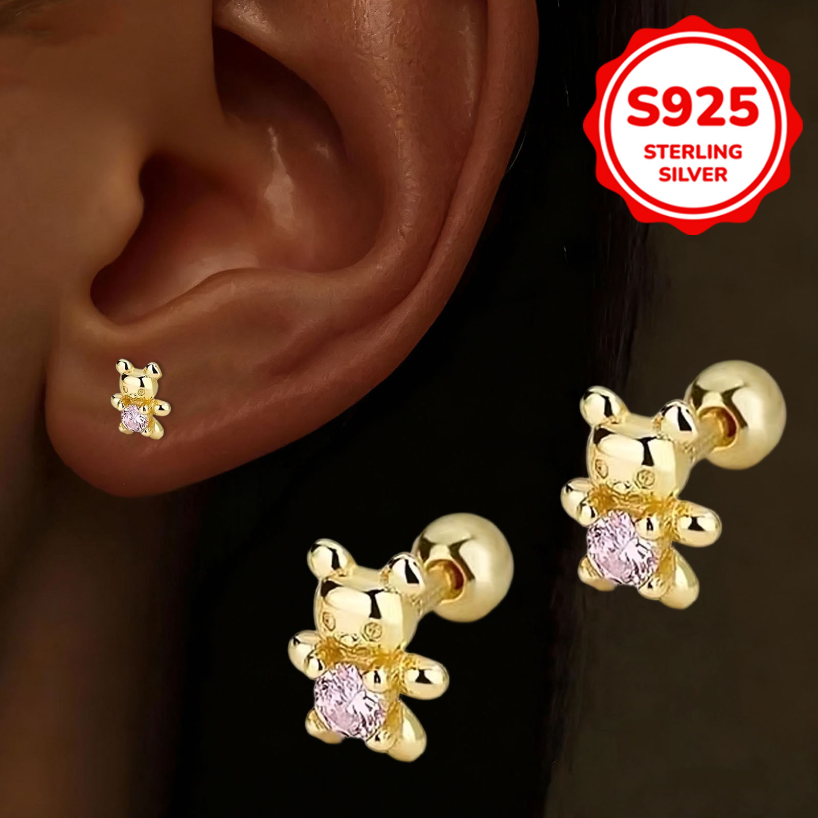 S925 Silvery Bear Stud Earrings with Synthetic Zirconia