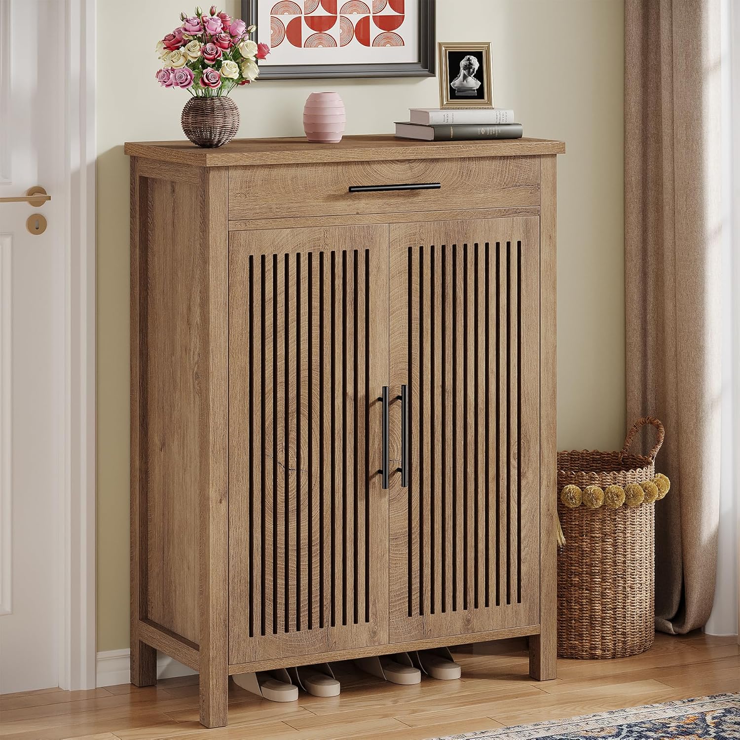 Image of Shoe Cabinet, 5-tier Shoe Storage Cabinet With Louvered Doors And Drawer, Freestanding Wooden Shoe Rack Organizer With Adjustable Shelves For Entryway, Hallway, Natural