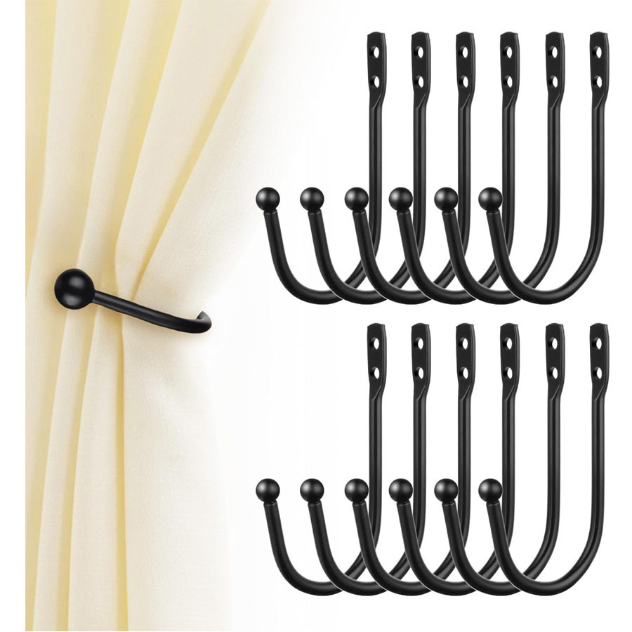 TEMU 12pcs Curtain Tie Back Hooks, Metal Curtain Holdbacks Side Tiebacks Wall Mounted With Screws, Black