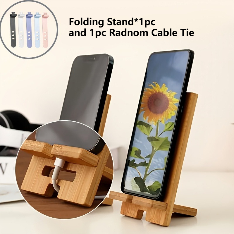 TEMU 2pcs (1pc Portable Folding Stand Made Of Nan Bamboo And 1pc Random Color Cable Tie), Detachable, Adjustable Phone Holder, Ideal For Phones And