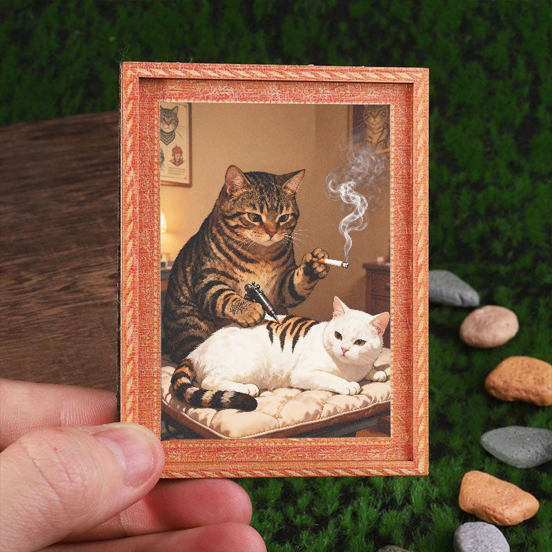 E-shop 1 Mini-Kühlschrankmagnet in Fotorahmen-Form, mit einer getigerte Katze, die eine andere weiße Katze tätowiert. Ein lustiger dekorativer