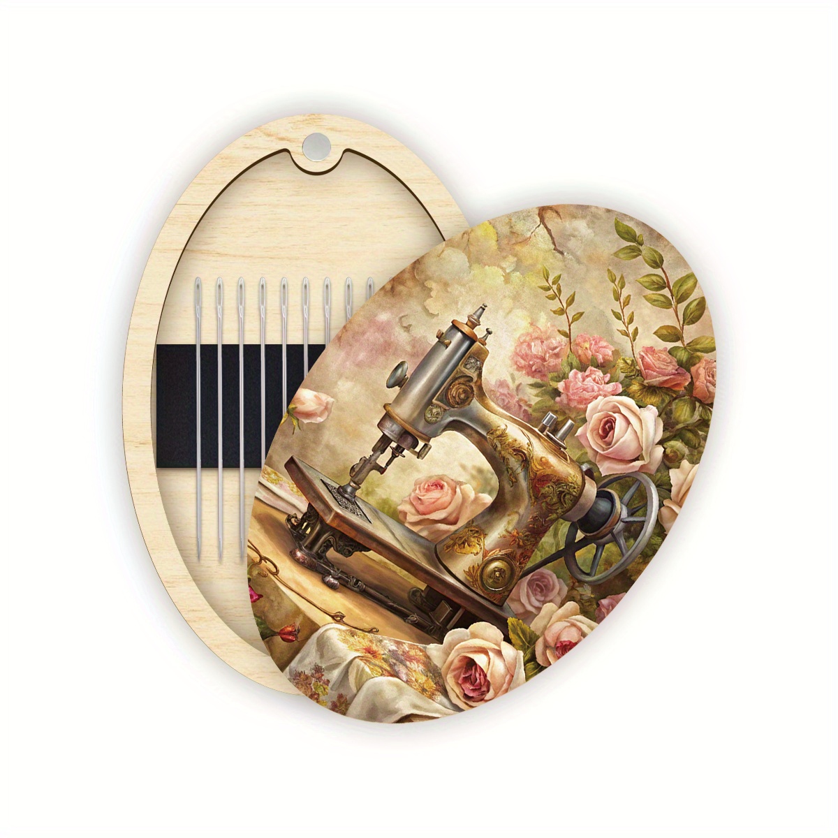 TEMU A Single Wooden Needle Box, Featuring A Floral Oval Design, Is Perfect For Storing Embroidery Thread And Supplies. Made Of Sturdy Wood, An For