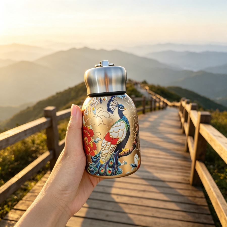 TEMU 10oz/300ml Peacock Printed Stainless Steel Water Bottle, Vacuum Insulated For Long-lasting Hot And Cold , Use. Set Includes Mini Vacuum ,