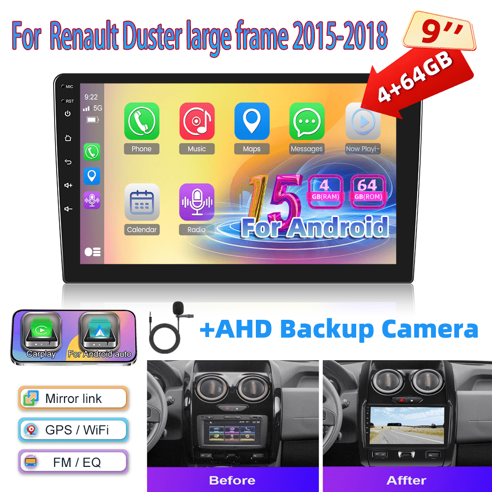 Image of [4+64g] 15 For Duster Large Frame 2015-2018, 9-inch 1280p Ips Touch Screen Radio With Ai Dsp/ Fm/ Rds/ 32eq Gps Wifi Swc+microphone, Ahd Reverse Camera
