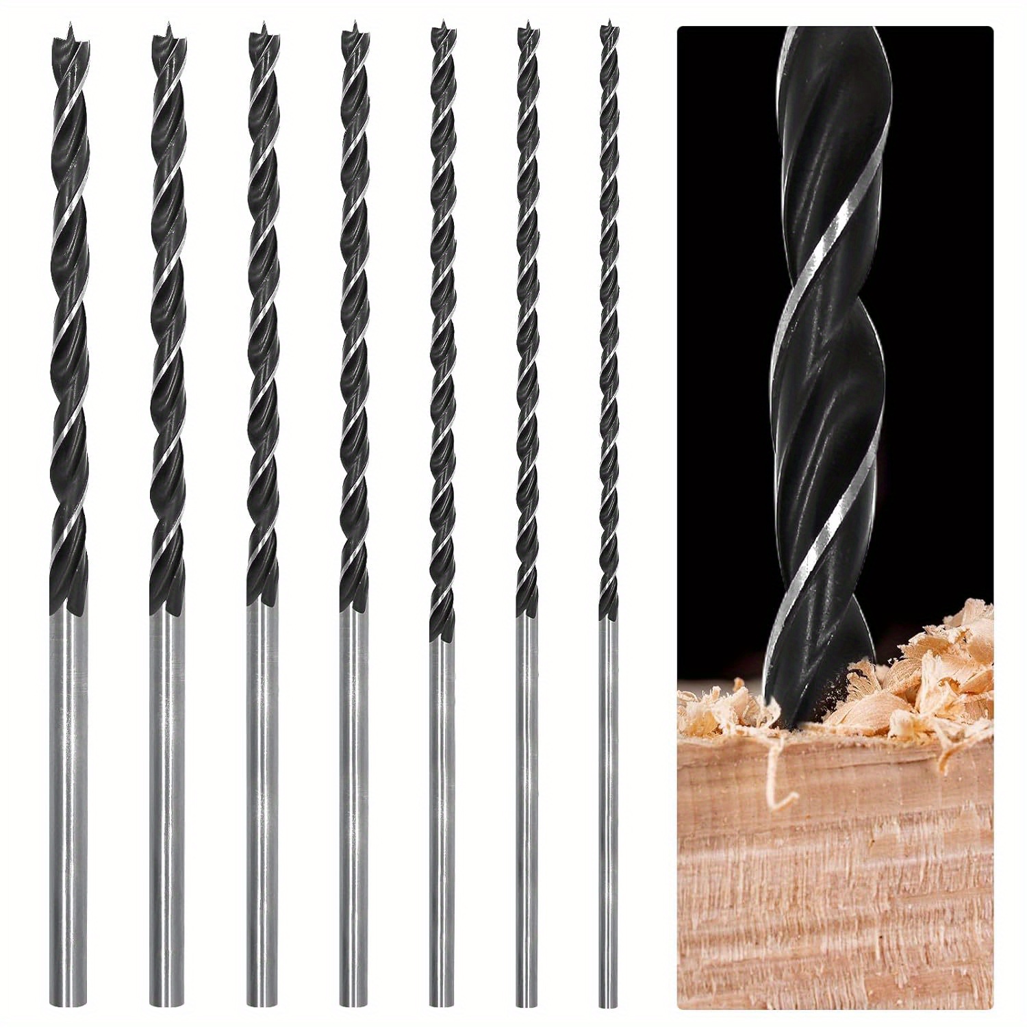 Set Of 7 Wood Drill Bits, Each 300 Mm Long, Including Auger Bits Sized 4, 5, 6, 7, 8, 10, And 12 Mm, Suitable For Drilling Wood, Plastic, And Pvc In Carpentry