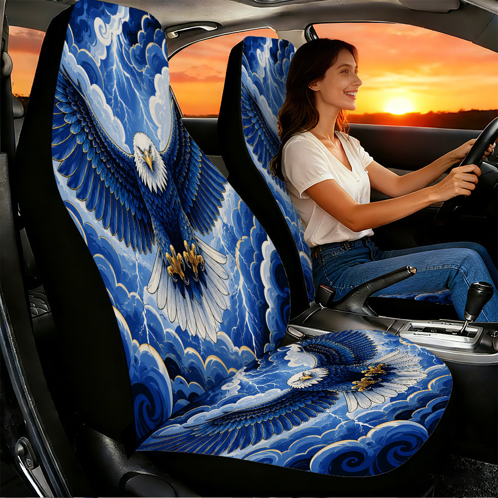 Image of 2pcs Bald Eagle Lightning Car Seat Covers, Suitable For Front Seats, High , Material, Suitable For Cars, Suvs And Trucks, Car Accessories, Festive Decor.