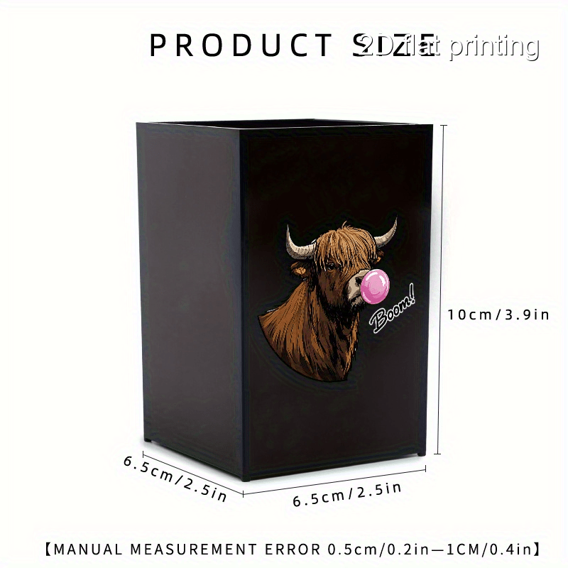 1pc cute bubble gum cow design makeup brush holder portable dustproof cosmetic organizer for brushes eyebrow pencils black plastic vanity storage box with highland cow illustration vanity storage solution   design sleek organizer Product details 0
