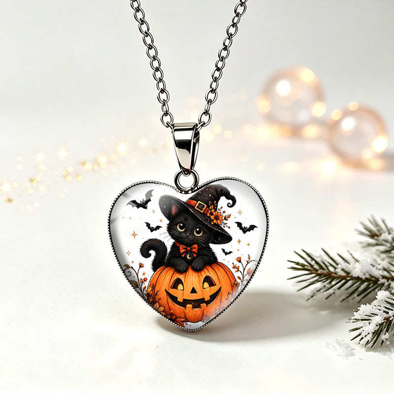 TEMU 1pc Halloween Black Cat Witch Hat Heart Necklace Heart Shaped Cabochon Pendant With Stainless Steel Chain Unisex Jewelry For Men And Women