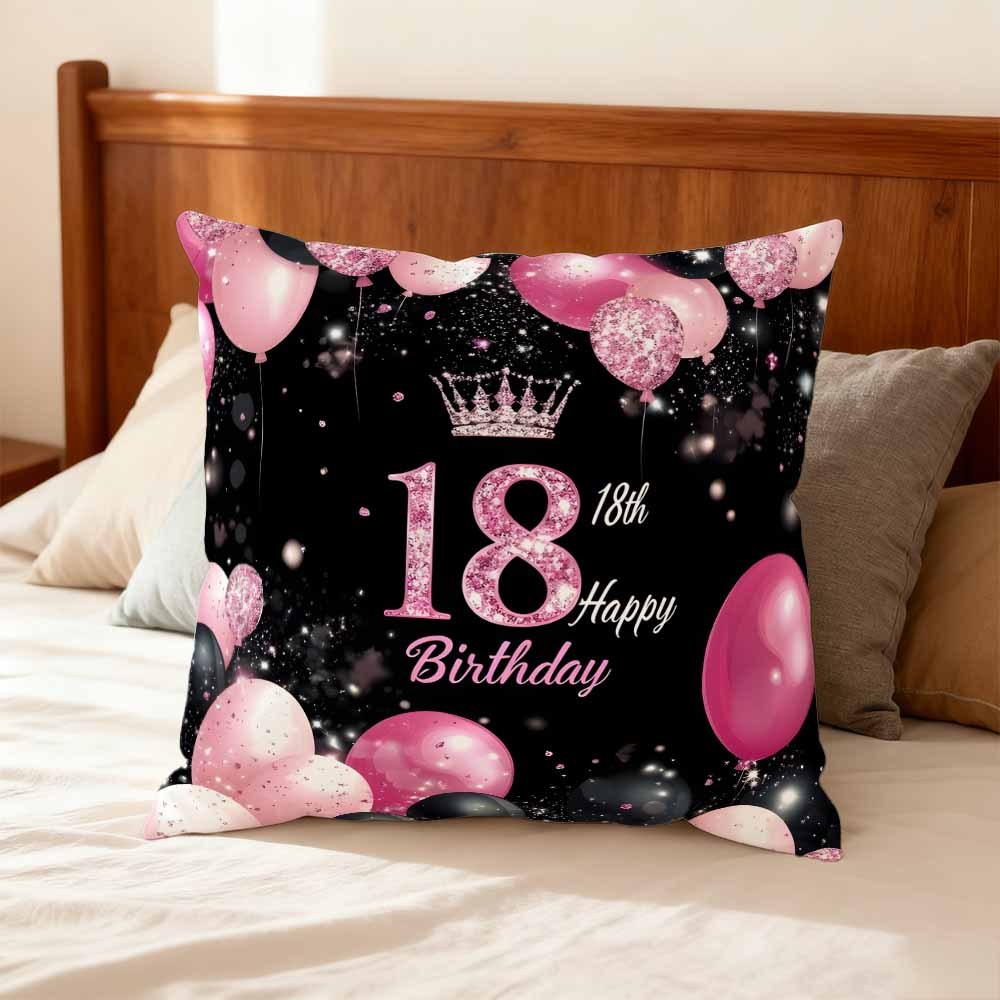 E-shop 2D Flat - 1 Stück Kissenbezug für ein 18. Geburtstagsgeschenk, mit einem Design mit rosa und schwarzen Ballons. Dieser Kissenbezug misst 18x18