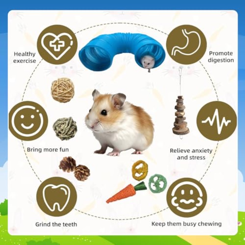 SUSOO 9pcs Set of Toys for Hamsters, Featuring Safe Natural Chew Items And an Expandable Play Tunnel, Designed for The Dental Care of Hedgehogs, Rats, Chinchillas, And Guinea Pigs, Perfect for Foraging in Small Animal Cages