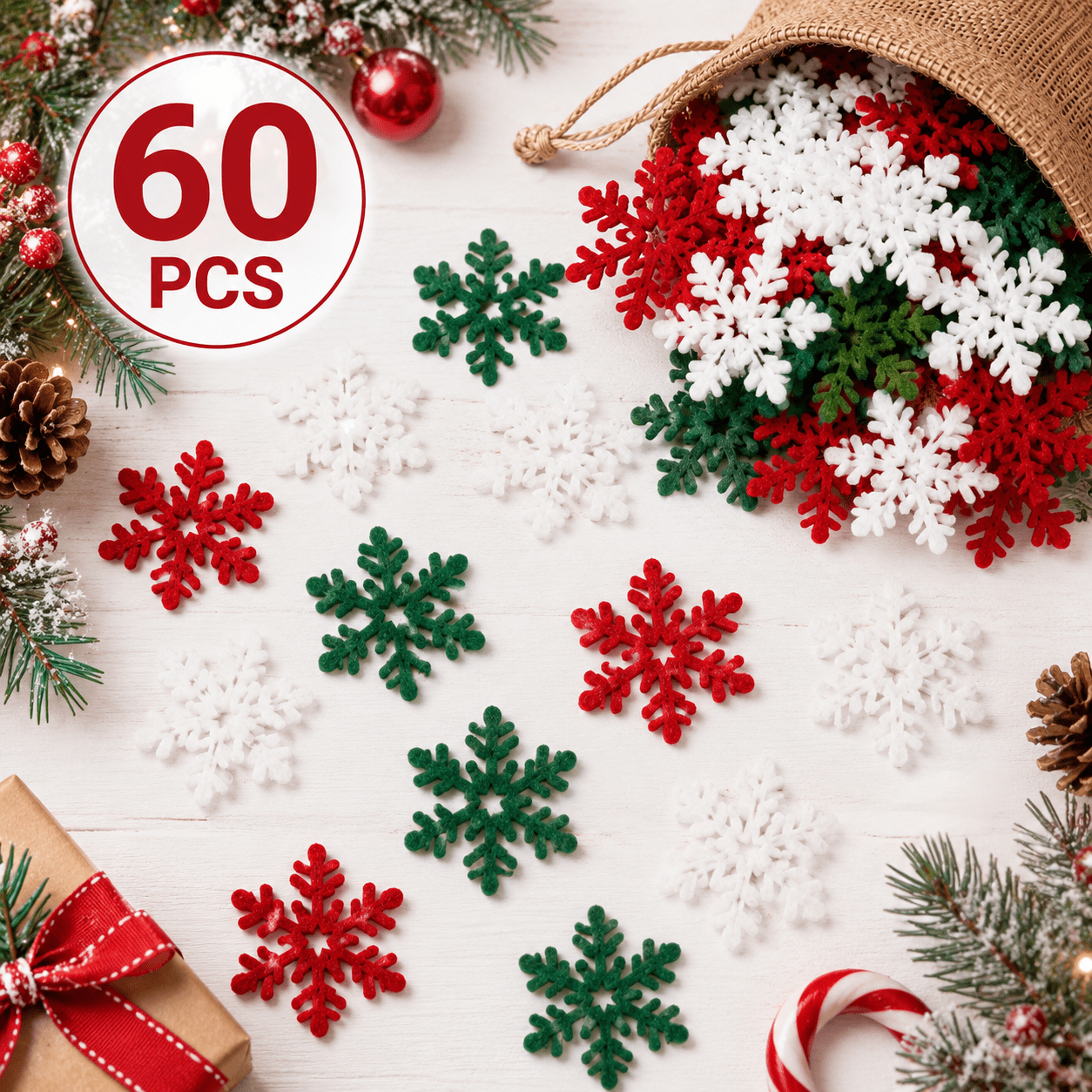 TEMU 60pcs Christmas Snowflake Ornaments, Christmas Red Green White Snowflake Paper Cutouts, Christmas Tree Winter Snowflake Decorations, Craft, Gift