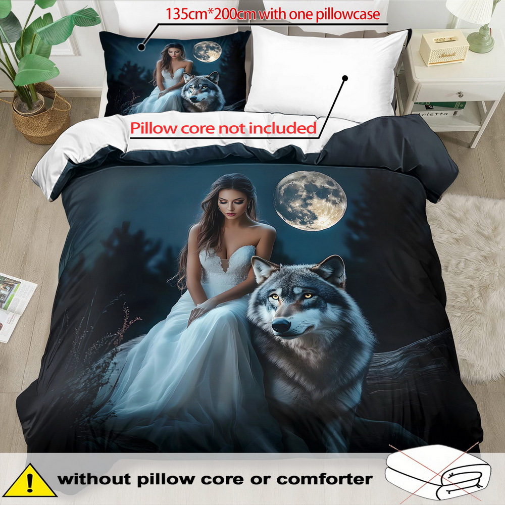 TEMU Kaijit Fantasy Beauty Theme Duvet Cover Set - 2/3pcs, Soft, Comfortable And Breathable, Beauty And Wolf Pattern Printed Bedding Set, Beauty And