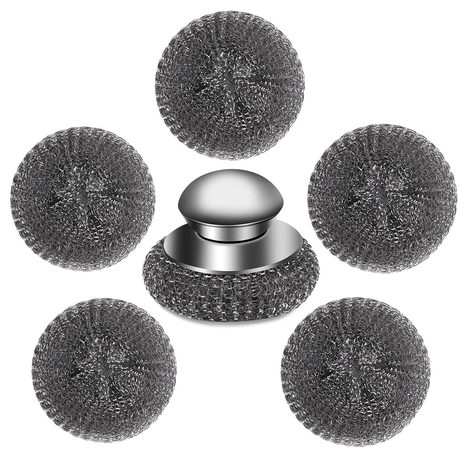 

6-pack Stainless Steel Steel Wool Scrubber Set With 5 Replacement Pads, 201 Material, Handle For Cast Iron, Pots, Pans, Grills, , Sinks - Kitchen Cleaning Tool