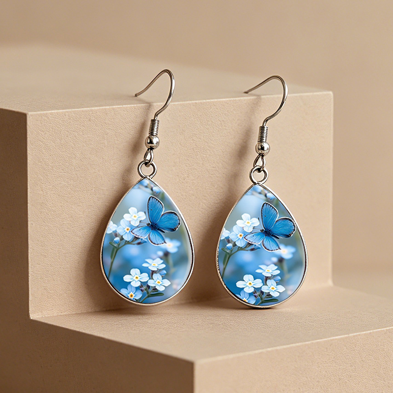 Unisex Blue Butterfly with Forget-Me-Not Tear Drop Earrings