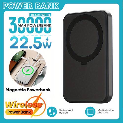 30000mah magnetic wireless power bank portable charger with led 22 5w super fast charging mobile power bank built in usb type c cables external battery pack for iphone 16 15 14 13 samsung etc