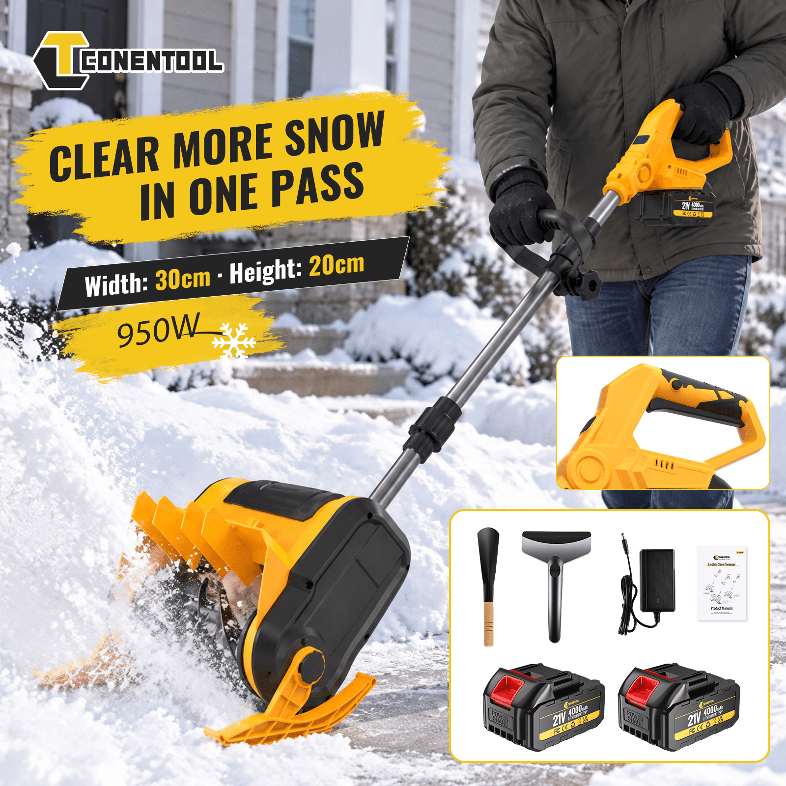 Image of Upgraded 21v Cordless Electric Snow Blower And Snow Thrower, 1 4.0ah Batteries, Led Display, Foldable Design, Adjustable Handle And Safety Switch - For Driveways, , Yards, Patios And Decks