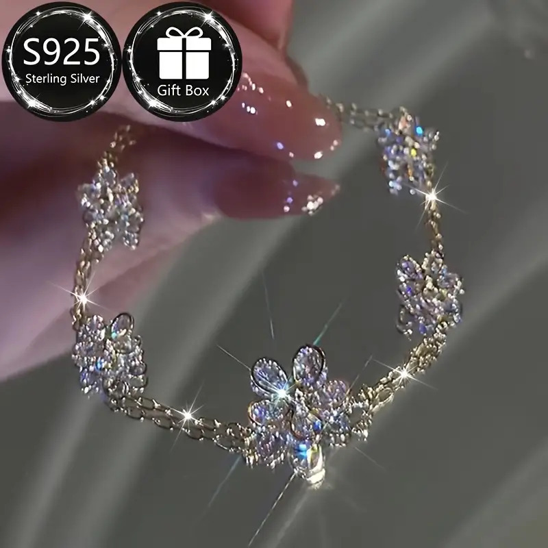 TEMU The S925 Sterling Silvery Fashionable Flower Synthetic Zirconia Bracelet Features A Light And Design. An For Women' Accessories And A Thoughtful