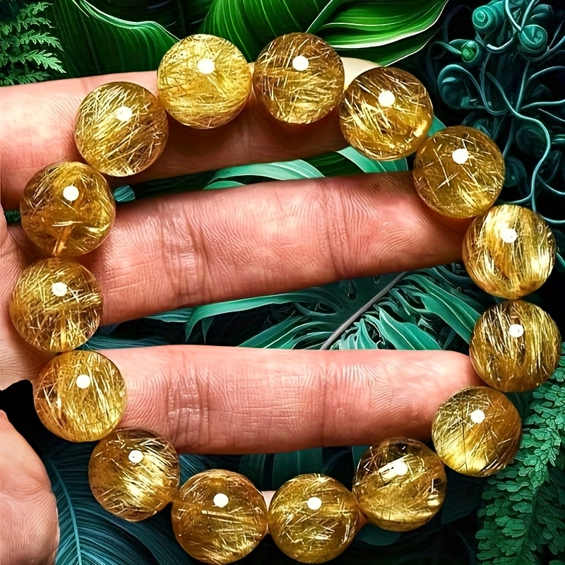 TEMU 12mm Natural Golden Bead Bracelet - Unisex Retro Scenery Smooth Polishing Translucent Yellow Beads, Stone, Suitable For Men And Women's Jewelry,