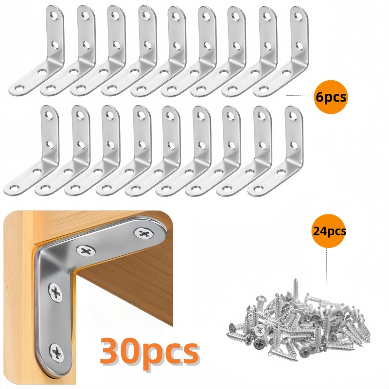 TEMU 30pcs L-shaped Bracket Stainless Steel Corner Brace Set, 6 Brackets + 24 Screws, 90-degree Right Angle Brackets, Heavy-duty Corner Braces, Metal