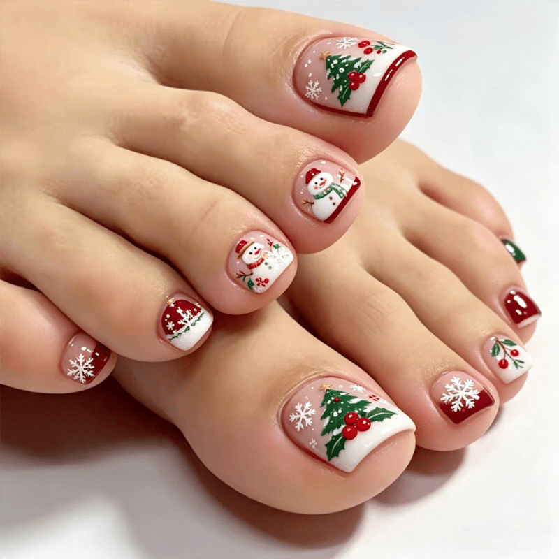 TEMU 72pcs Short Square Style Sweet Pressed Toe Nail Pieces, Snowman Christmas Tree Snowflake Red French Tip Nude Base Prints, Featuring A Elegant
