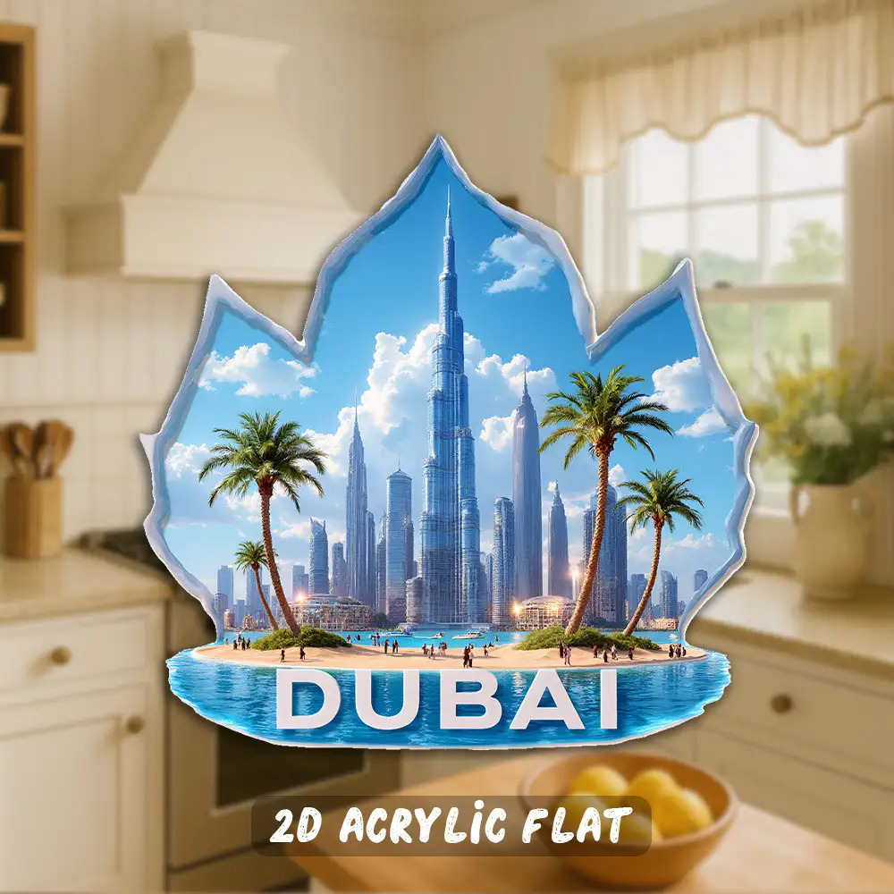 E-shop 2D Flacher Acryl Magnet Dubai , Dubai Stadtlandschaft mit Palmenbäumen, Reise-Thema Küchendekor, Starker Magnet, Hochwertiger Druck, Glänzende