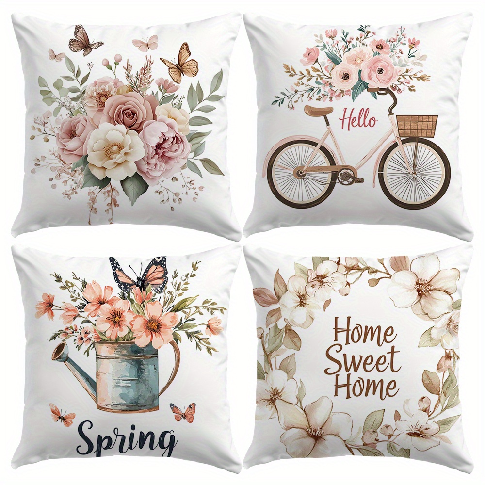 Image of 4pcs Spring Pillow Covers 18x18 Inch Polyester Fresh Flower Throw Pillow Covers Spring Summer Farmhouse Decorations Watering Can Bike Pink Covers For Sofa Couch