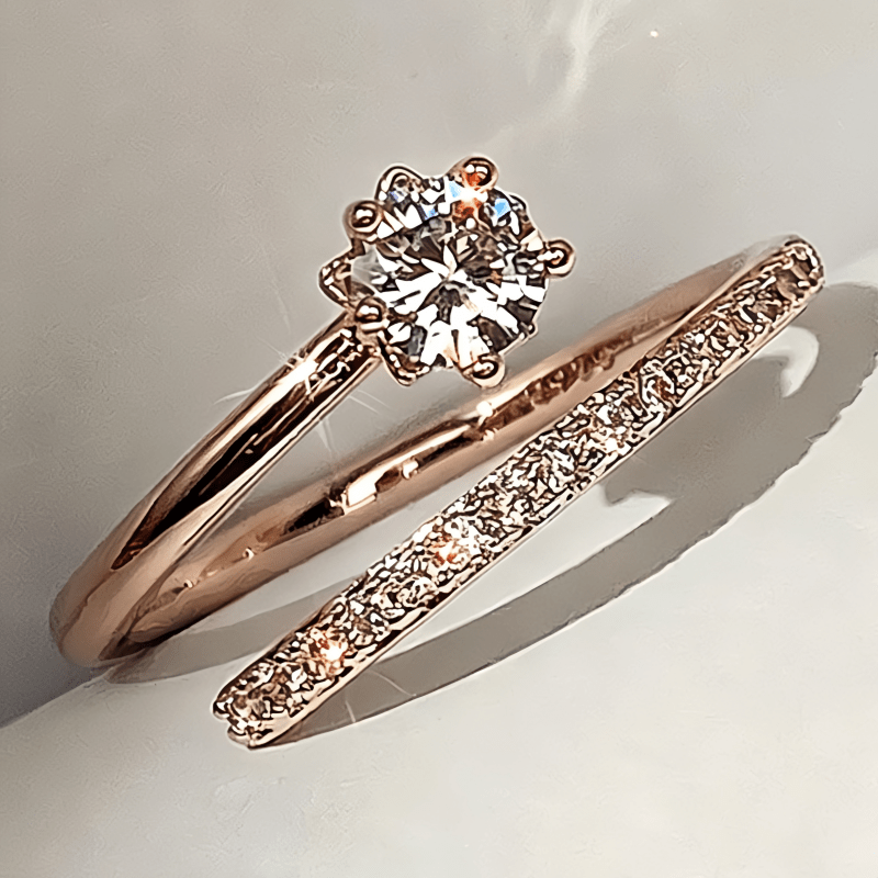 Image of Elegant Inlay 6 Prong Synthetic Cubic Zirconiaia Engagement Ring For Wedding Engagement Banquet Holiday Daily Party Simple Rose Golden Adjustable Open Wedding Ring Jewelry Gifts, For Teenager