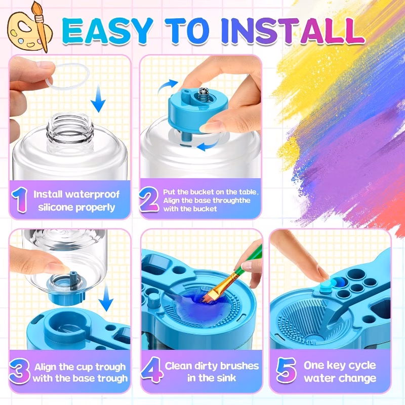 21pcs brush cleaner with drain tray and pen slot 1pc brush cleaner and 10pcs pens and 10pcs pointed head pens 5pcs brush storage holes portable painting tool water circulating brush cleaner for acrylic watercolor details 4