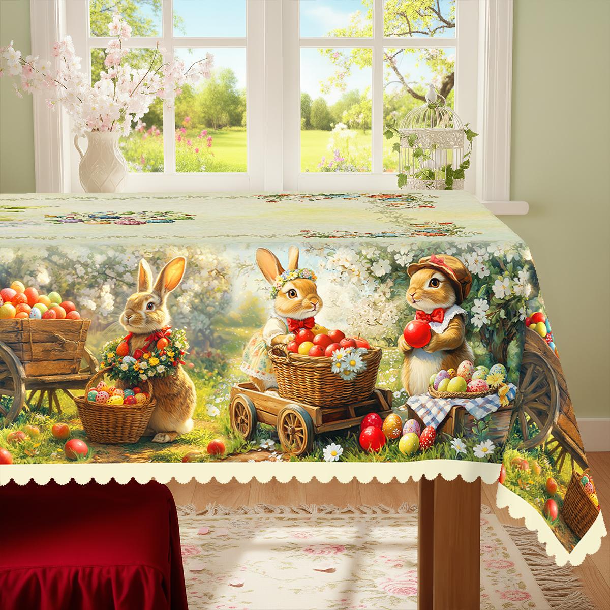 TEMU 1pc, Easter Themed Party Tablecloth, Spring Summer Rabbit Colored Eggs Daisy Printed Design, Rectangular/round/oval Table Cloth, Embossed Edges,