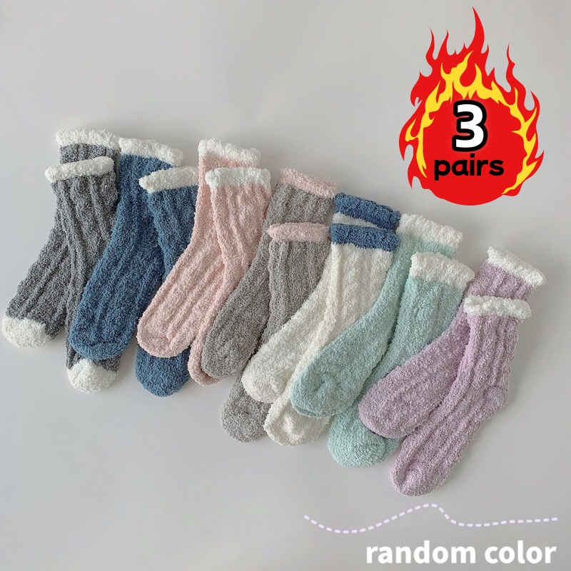 TEMU 3 Paires de Chaussettes Épaisses pour Femmes, Couleurs Aléatoires, Doublées en , Chaussettes Thermiques en Douce avec Poignets Côtelés,