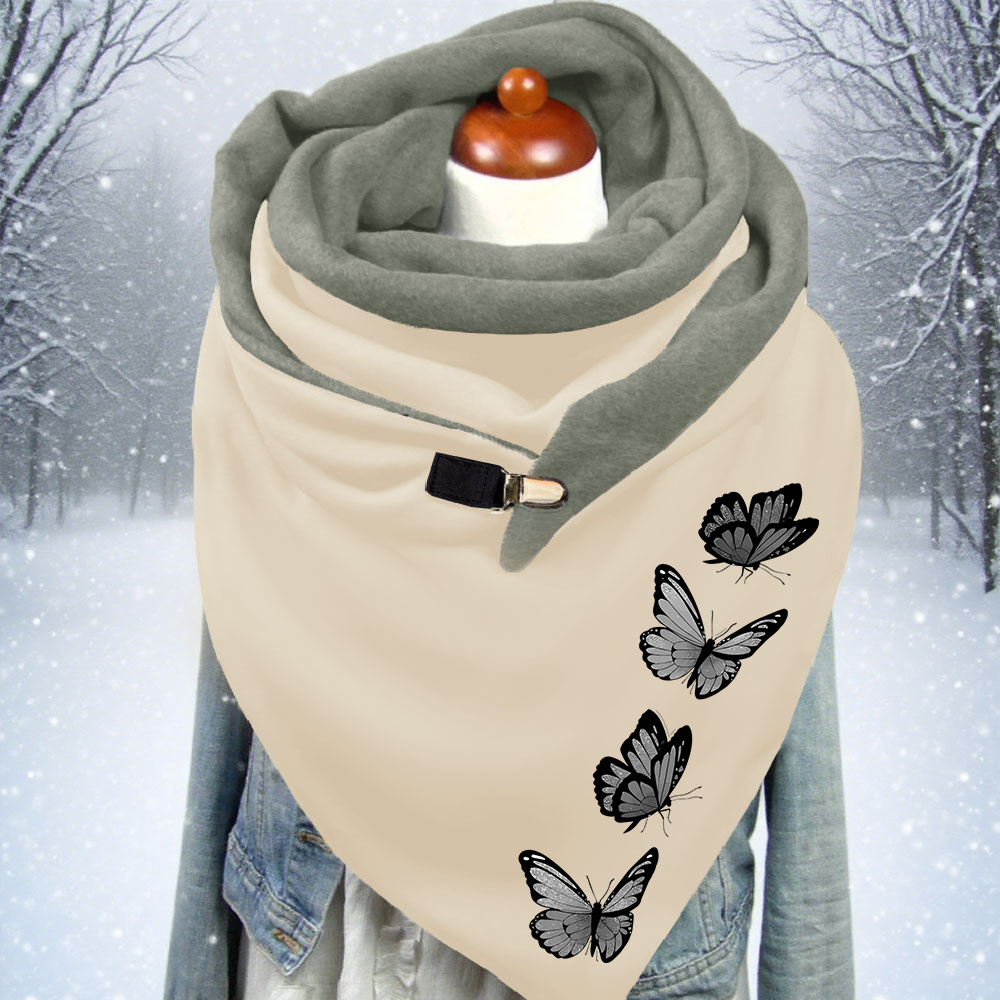 Women's Print Spring Button Scarf, Soft And Comfortable, Colour- Windproof And Cold-resistant, Colour- Double-layer Warm Triangular Scarf