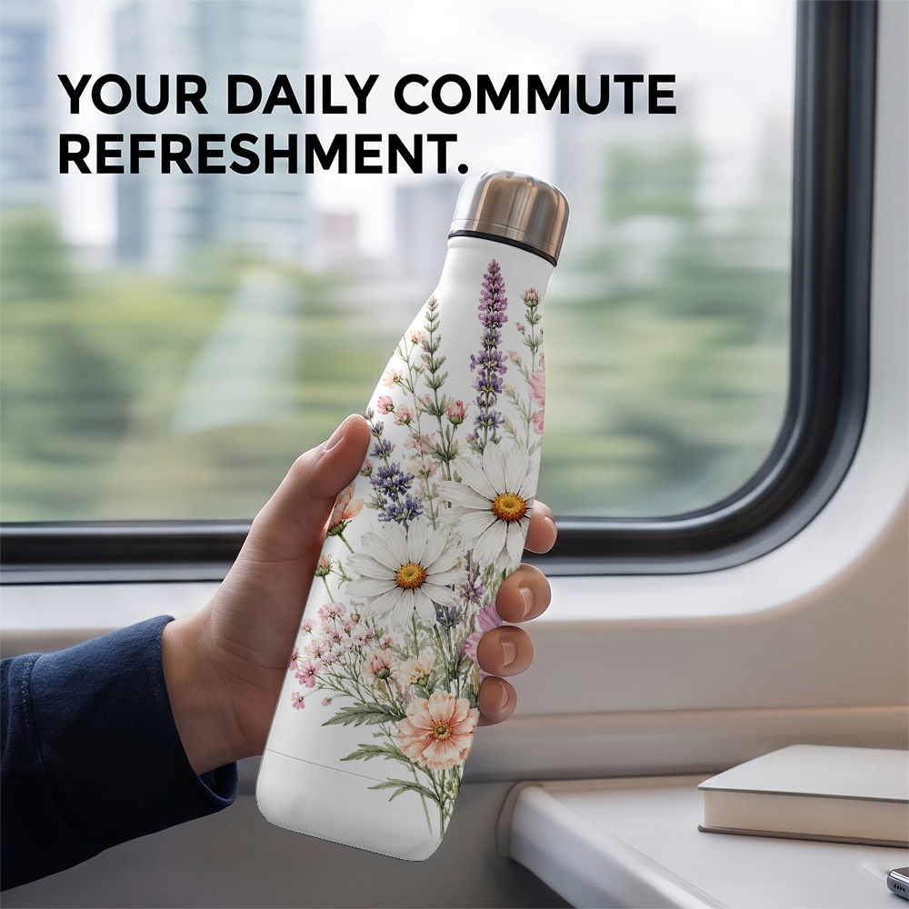 TEMU 1pc 17oz Double Wall Vacuum Insulated Stainless Steel Water Bottle 500ml Bottle Shaped Travel Mug For Women Watercolor Lavender Daisy Printed