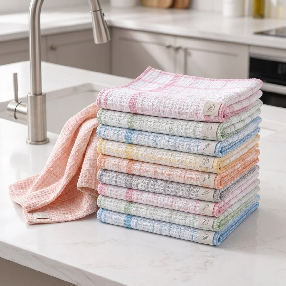 TEMU 12 Pack Waffle Weave Dish Towels - Quick Dry Absorbent Kitchen Hand Towels, Soft Reusable Cleaning Cloths, Checkered Grid Pattern, Cotton Blend