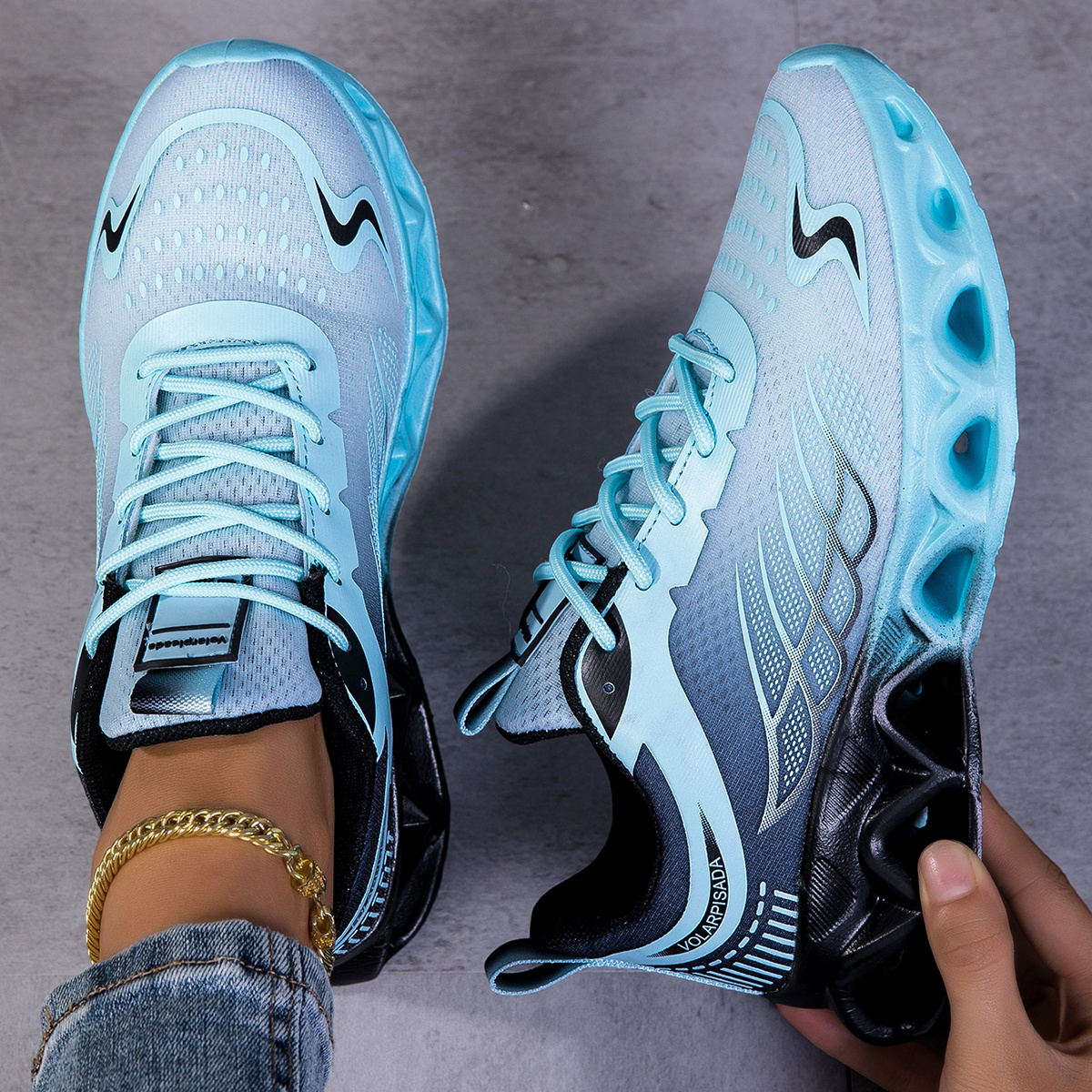 Image of Women's Blue Black Gradient Breathable Running Shoes, Adjustable Light Blue Flat Braided Laces, Stable Hollow Wave Cushion Thick Sole, Training Sneakers For After-work , Summer Outdoor