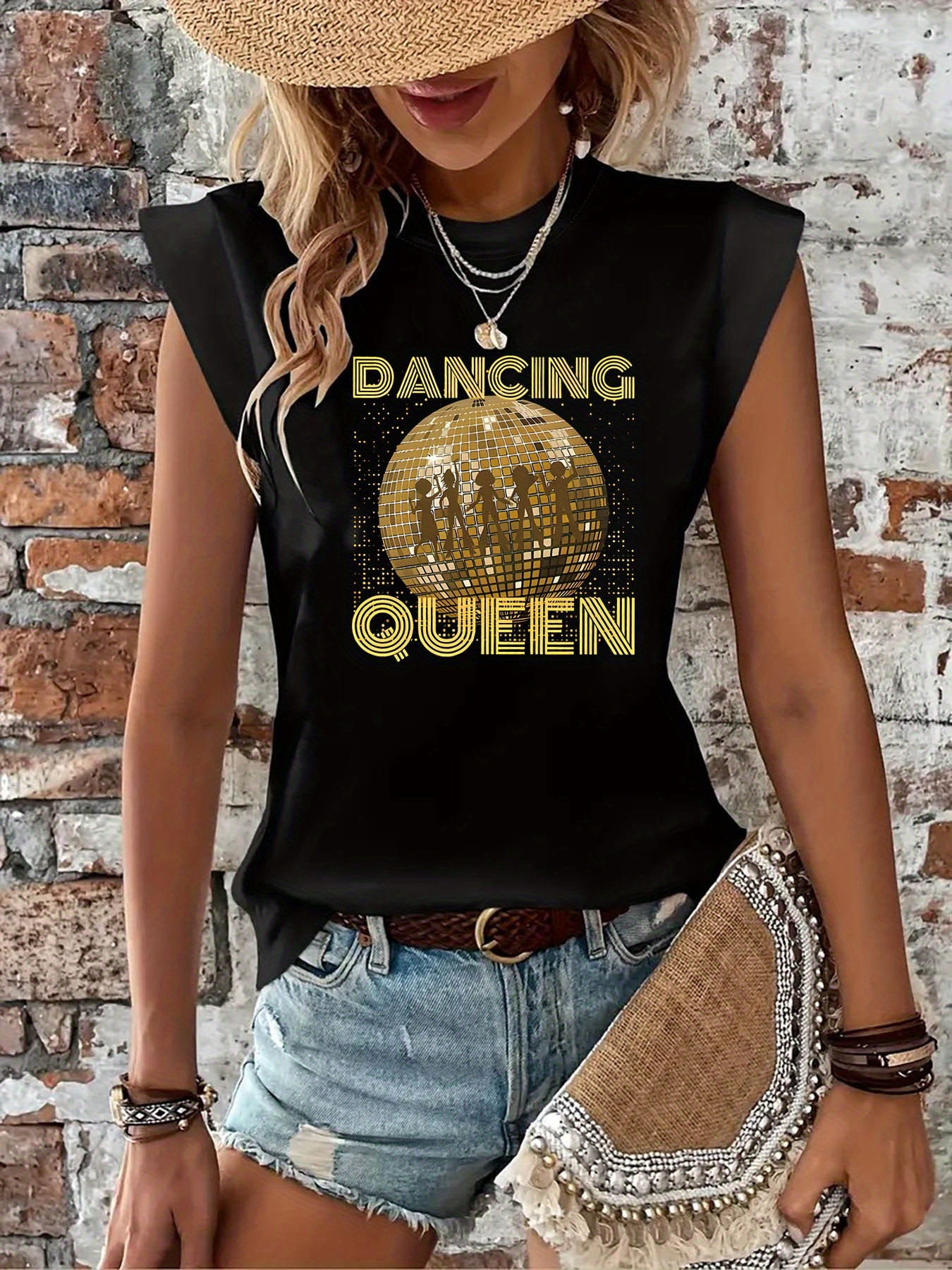 Black Queen Printed T Shirt Women's Black Dancing Queen Retro