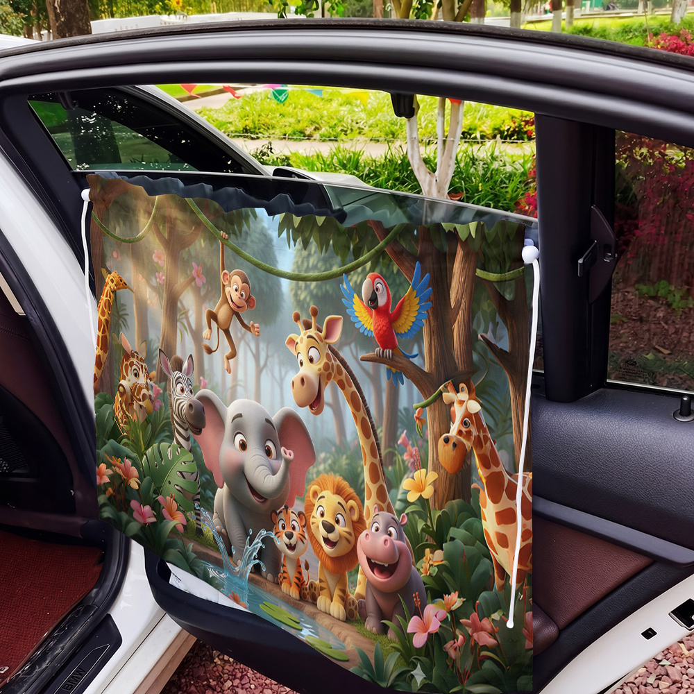 TEMU 1pc Car Sunshade, Cute Animal Jungle Print Adjustable Car Sun Visor, Suction Cup Interior Side Curtain, For Summer Sun Protection And Heat
